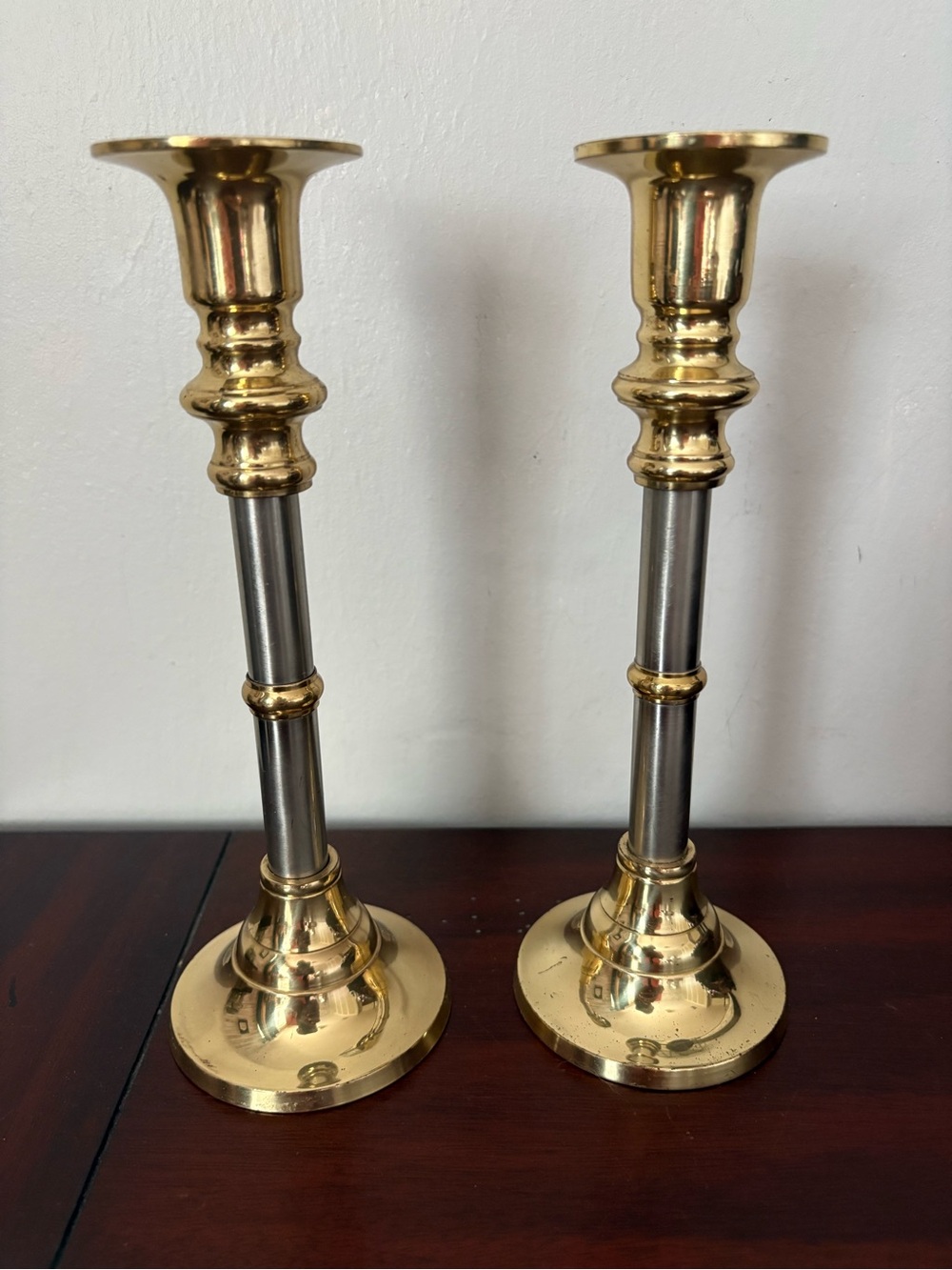VTG MCM Two Toned Candlestick Holders Brass & Steel Round Pedestal Base